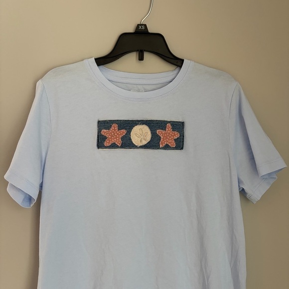 Handmade Tops - Handmade Sand Dollar Starfish Patchwork Denim Patch Womens Blue Shirt Size Small